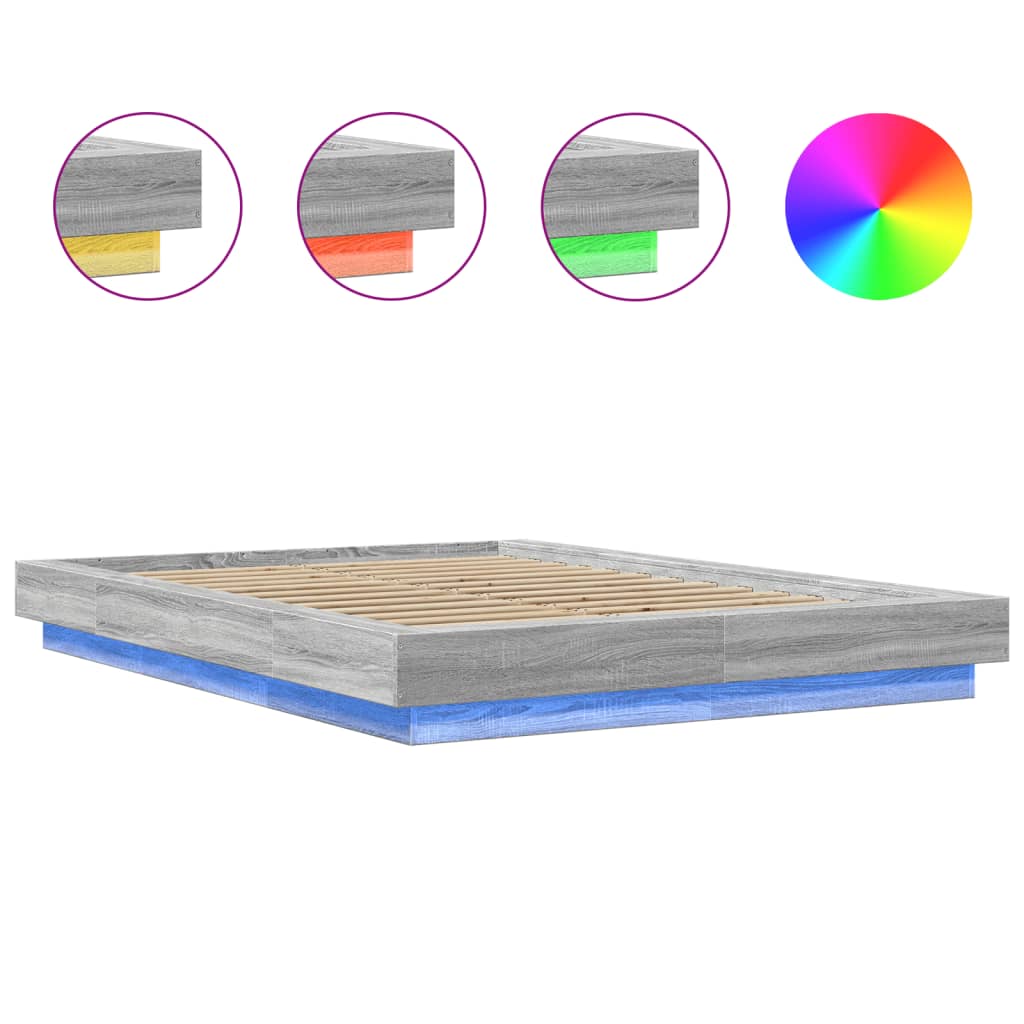 vidaXL Πλαίσιο Κρεβατιού με LED Γκρι Sonoma 135x190εκ. Επεξ. Ξύλο