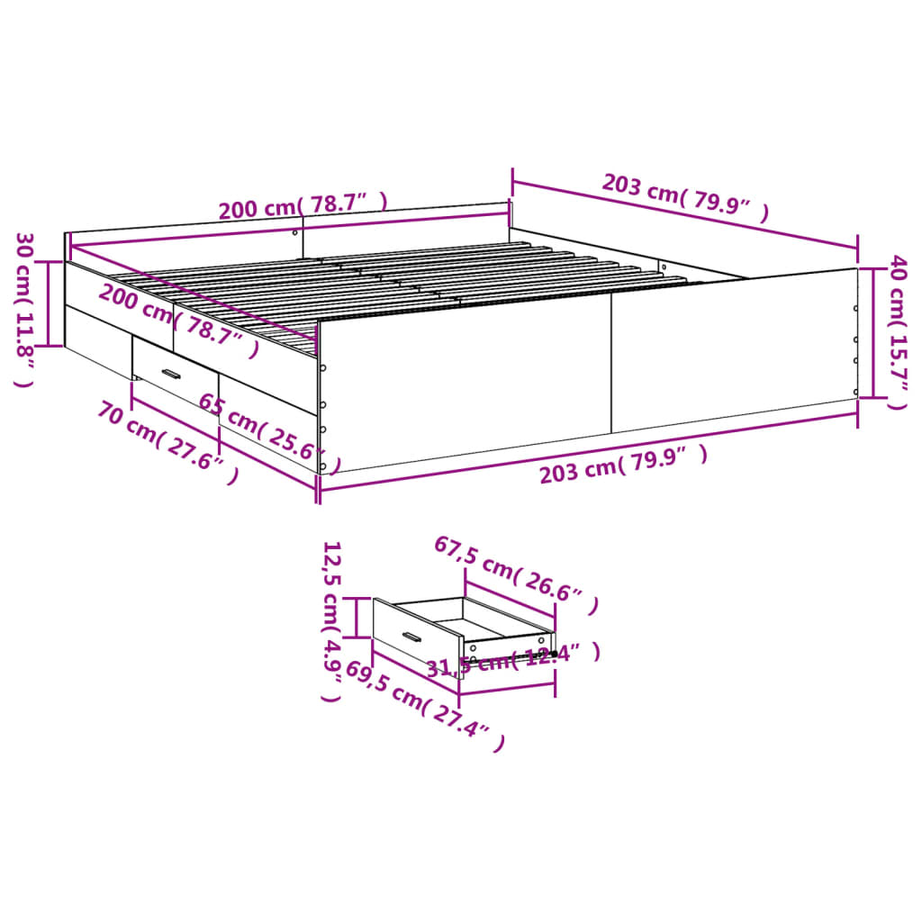 vidaXL Πλαίσιο Κρεβατιού με συρτάρια Γκρι sonoma 200x200εκ. Επεξ. Ξύλο