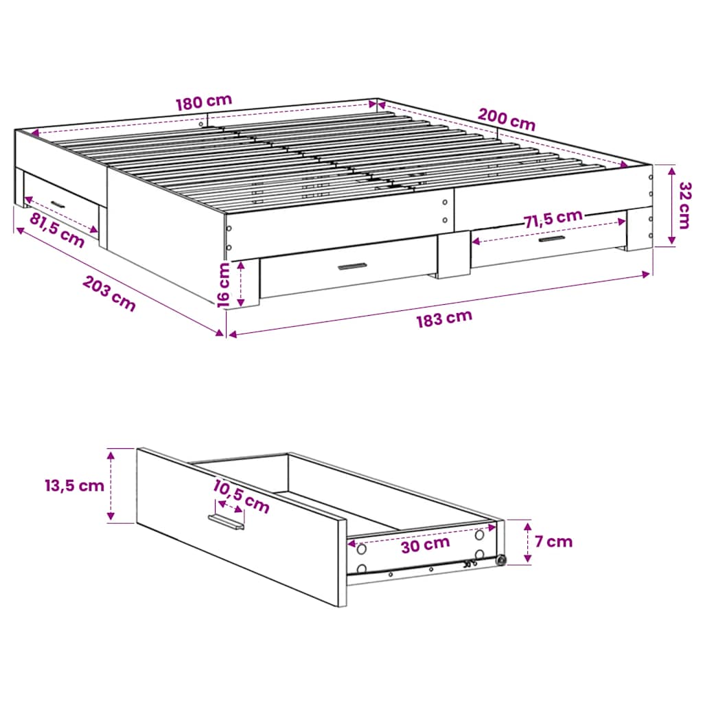 vidaXL Πλαίσιο Κρεβατιού με συρτάρια Γκρι sonoma 180x200εκ. Επεξ. Ξύλο