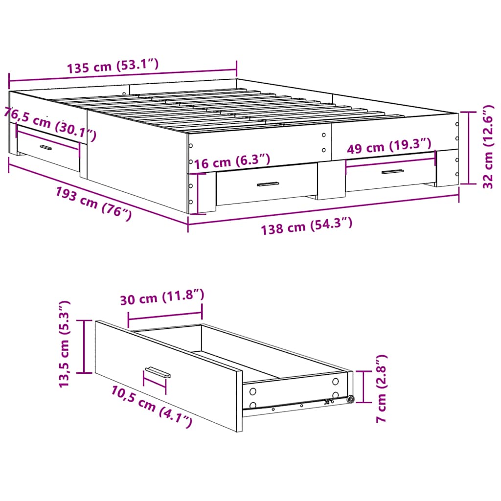 vidaXL Πλαίσιο Κρεβατιού με συρτάρια Sonoma Δρυς 135x190εκ. Επεξ. Ξύλο