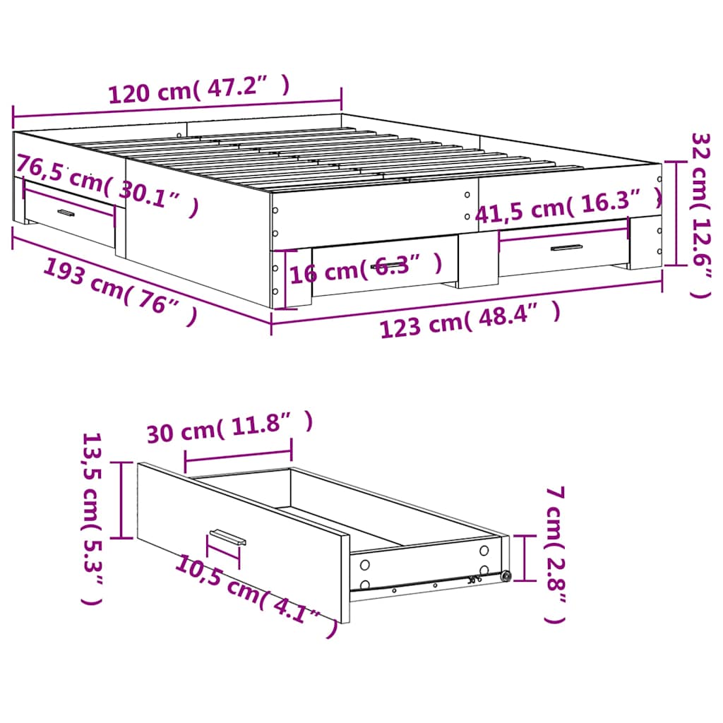 vidaXL Πλαίσιο Κρεβατιού με συρτάρια Γκρι sonoma 120x190εκ. Επεξ. Ξύλο