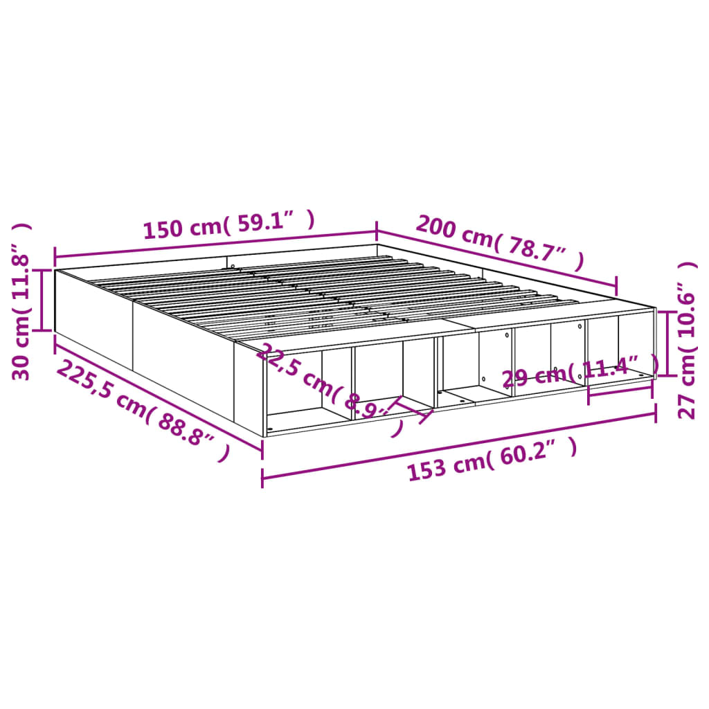 vidaXL Πλαίσιο Κρεβατιού Γκρι Σκυροδέματος 150x200 εκ. Επεξεργ. Ξύλο