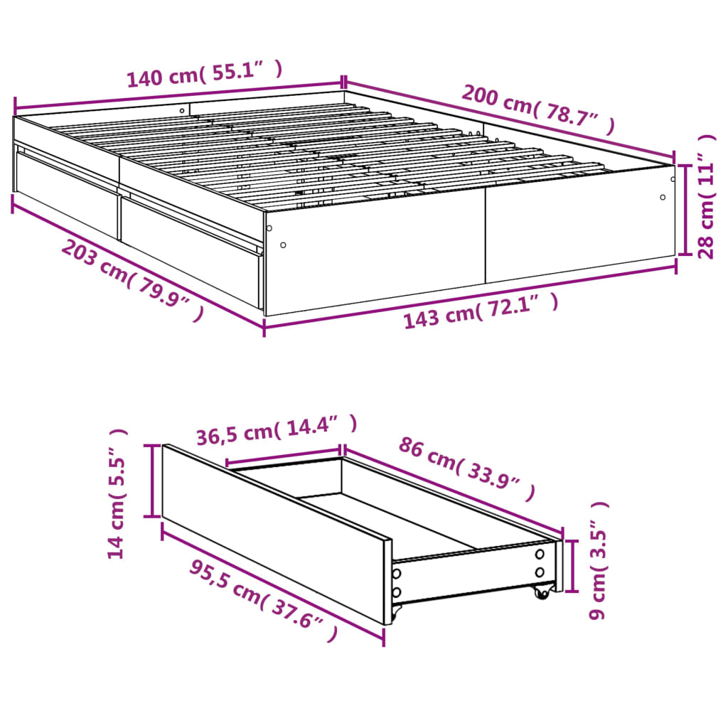 vidaXL Πλαίσιο Κρεβατιού με συρτάρια Γκρι sonoma 140x200εκ. Επεξ. Ξύλο