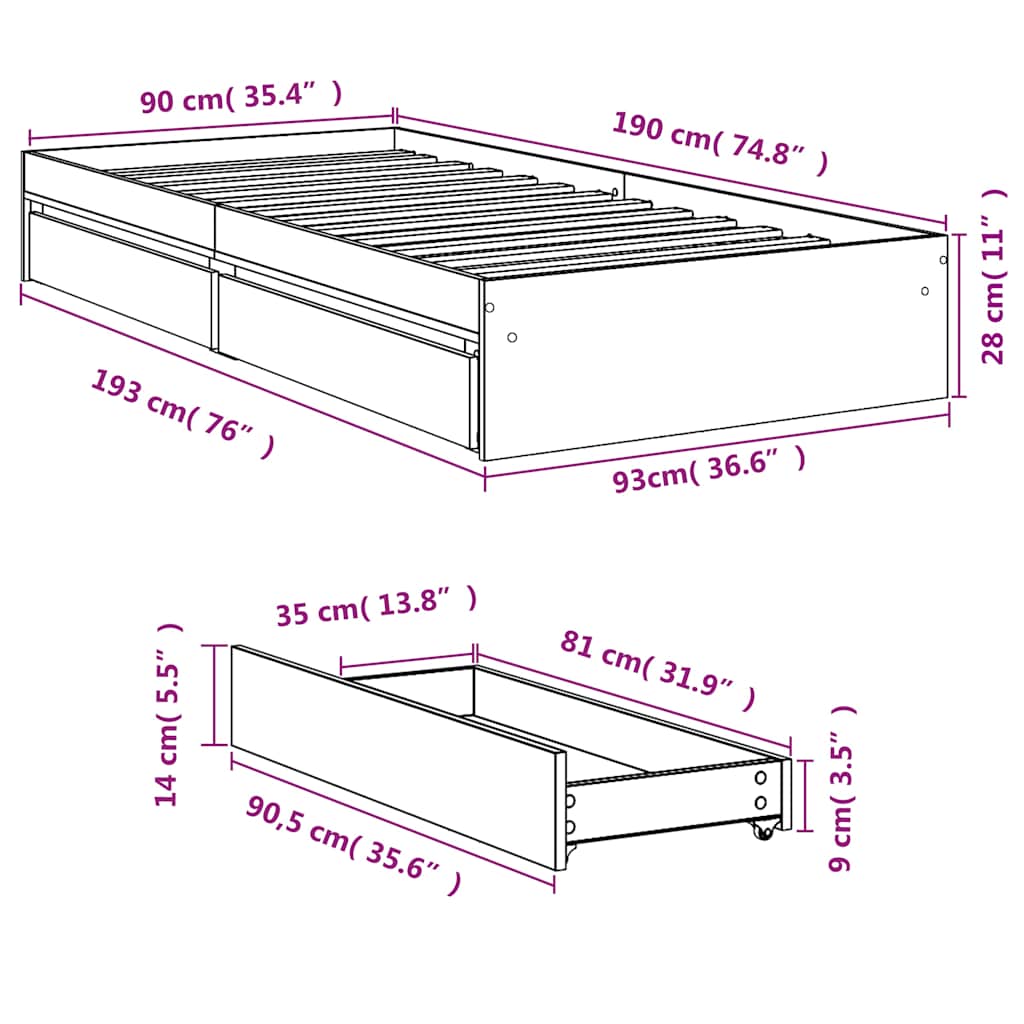 vidaXL Πλαίσιο Κρεβατιού με Συρτάρια Γκρι Sonoma 90x190εκ. Επεξ. Ξύλο