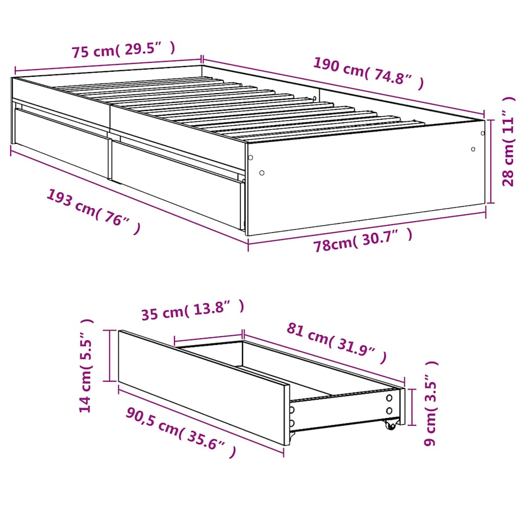vidaXL Πλαίσιο Κρεβατιού με Συρτάρια Χωρίς Στρώμα Λευκό 75x190 εκ.