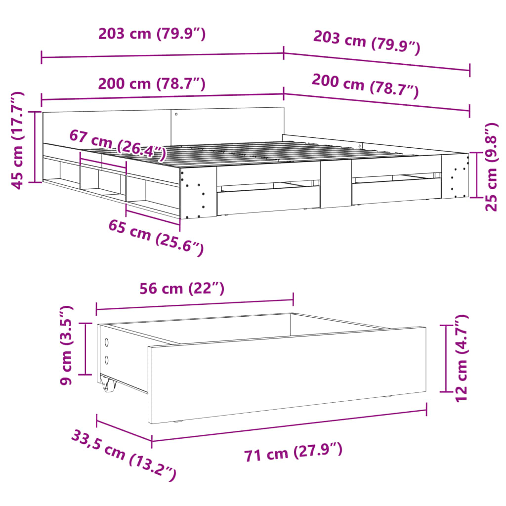 vidaXL Πλαίσιο Κρεβατιού με συρτάρια Sonoma Δρυς 200x200εκ. Επεξ. Ξύλο