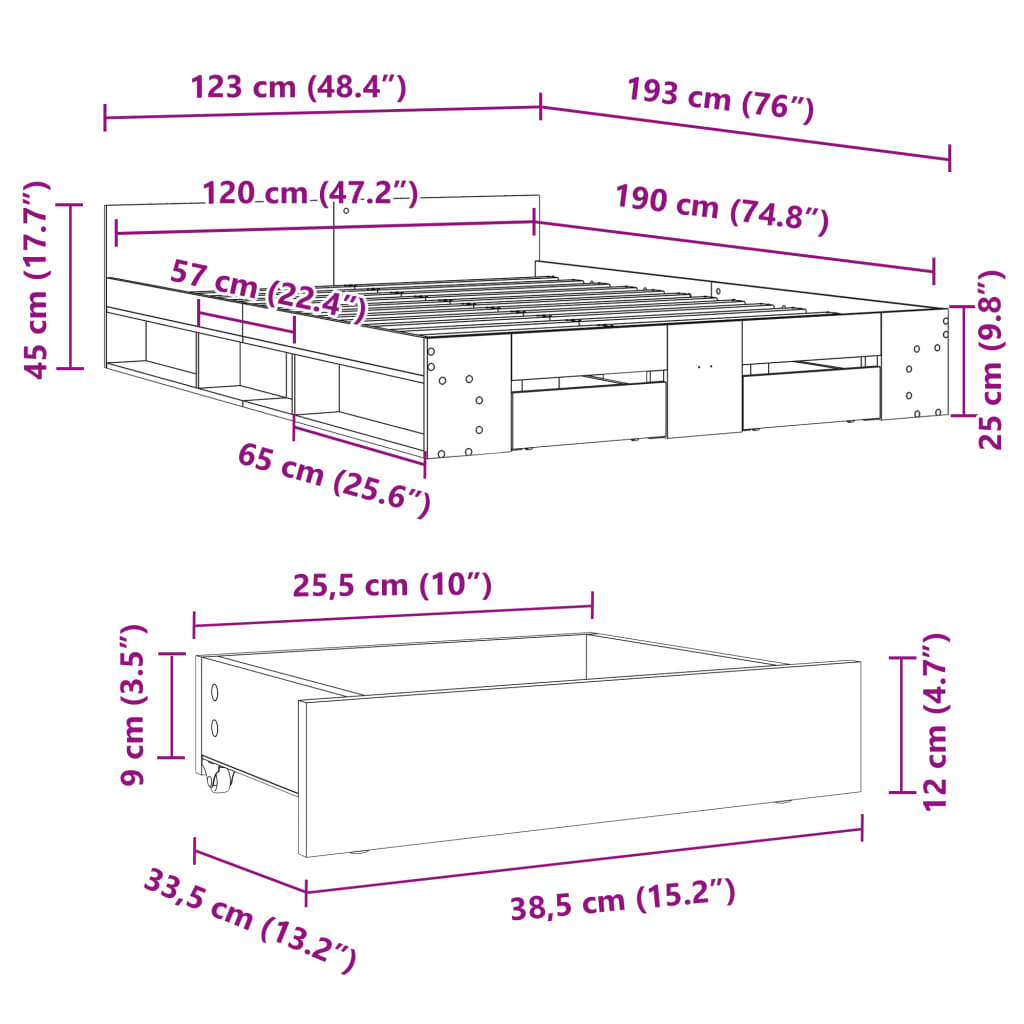 vidaXL Πλαίσιο Κρεβατιού με συρτάρια Sonoma Δρυς 120x190εκ. Επεξ. Ξύλο