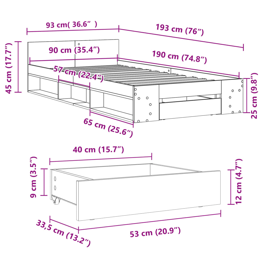 vidaXL Πλαίσιο Κρεβατιού με Συρτάρια Γκρι Sonoma 90x190εκ. Επεξ. Ξύλο