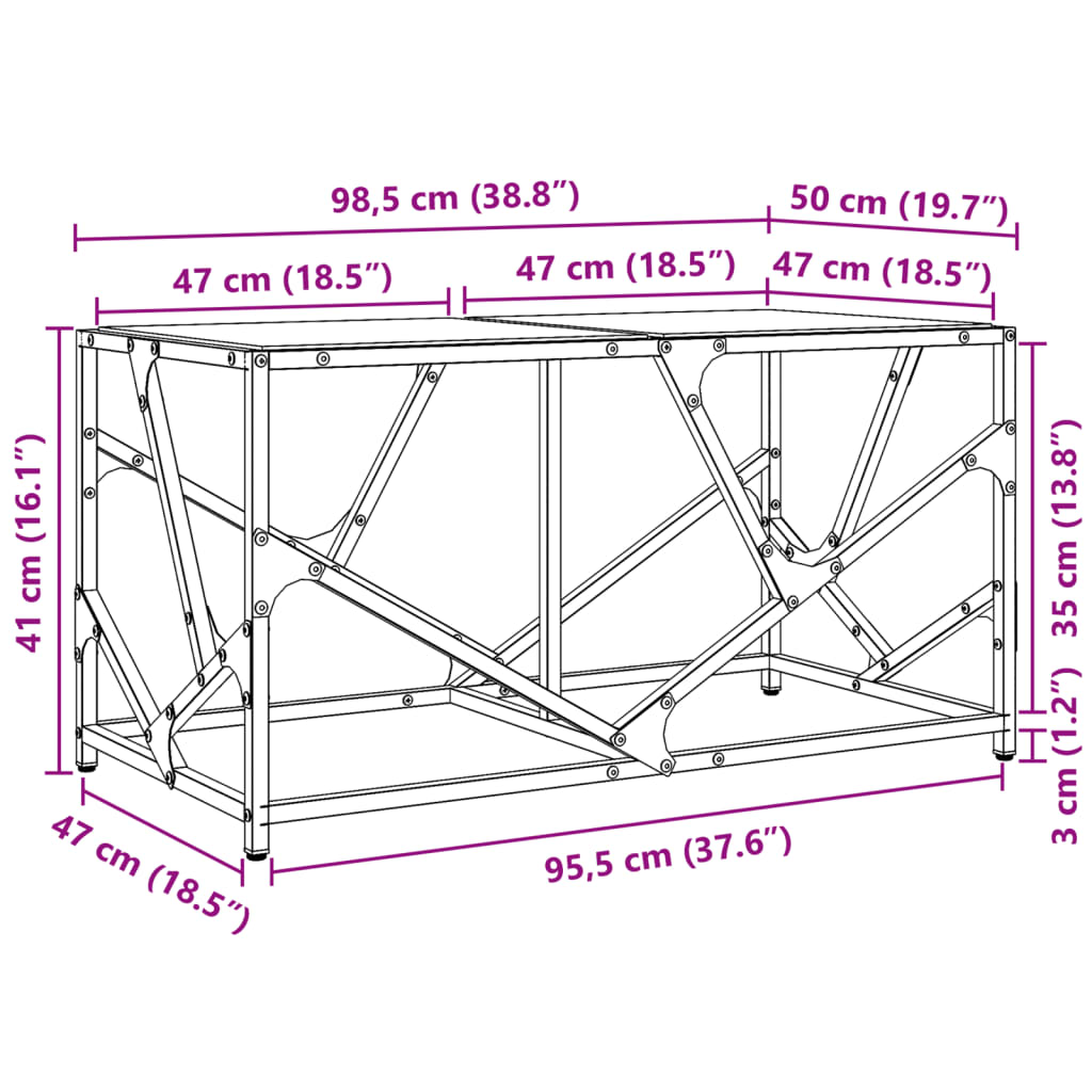 vidaXL Τραπεζάκι Σαλονιού Επιφάνεια Διαφανές Γυαλί 98,5x50x41εκ Ατσάλι