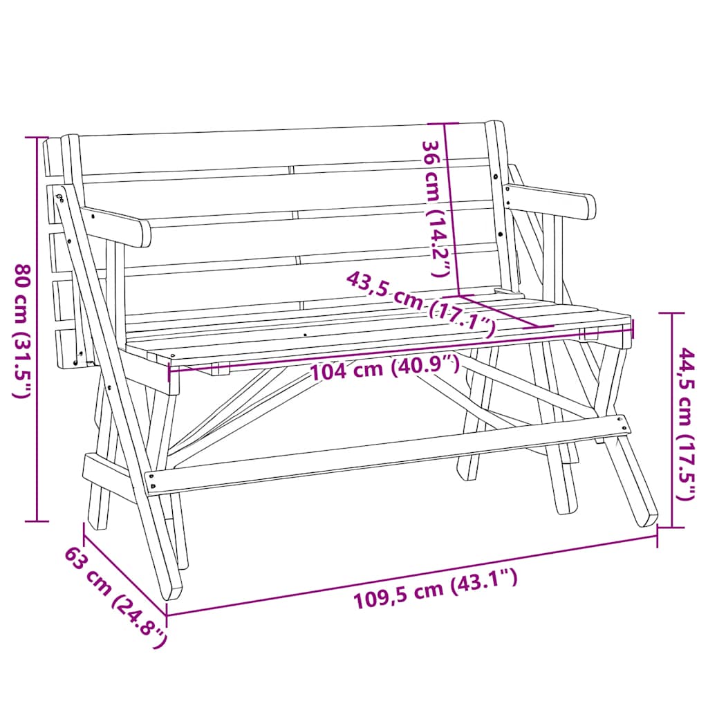 vidaXL Τραπέζι Πικνικ με Παγκάκια 2 σε 1 Μετατρέψιμο Μασίφ Ξύλο Ελάτης