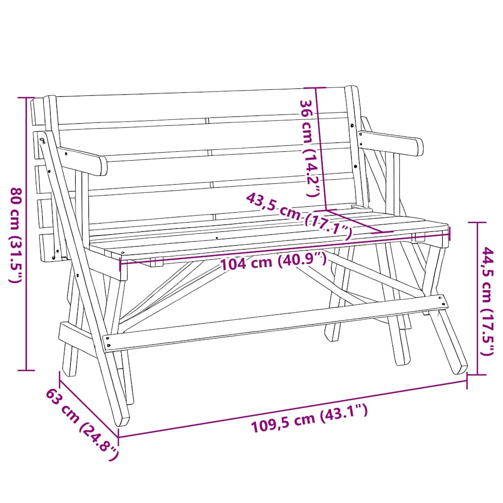 vidaXL Τραπέζι Πικνικ με Παγκάκια 2 σε 1 Μετατρέψιμο Μασίφ Ξύλο Ελάτης