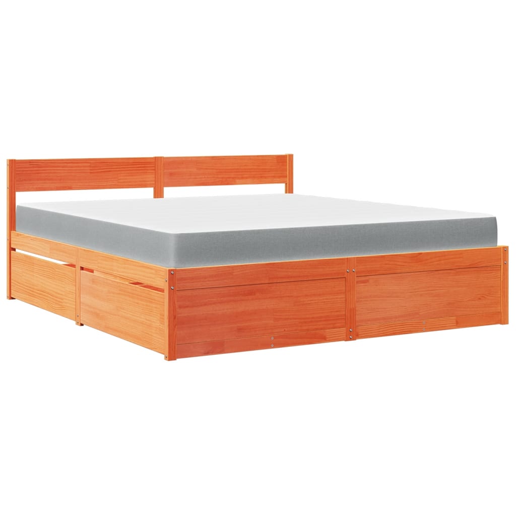 vidaXL Κρεβάτι με Συρτάρια+Στρώμα Καφέ 180x200 εκ. Μασίφ Ξύλο Πεύκου