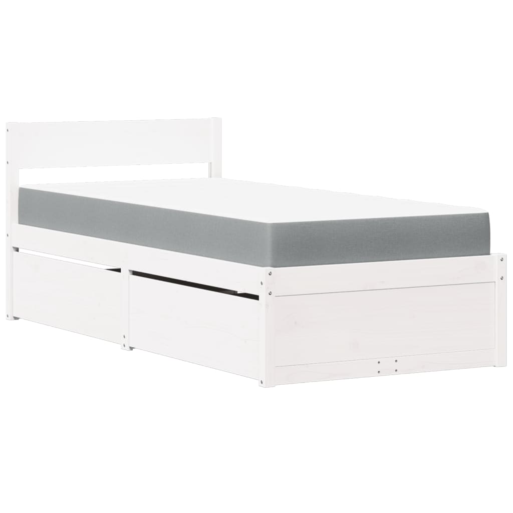 vidaXL Κρεβάτι με Συρτάρια+Στρώμα Λευκό 90x200 εκ. Μασίφ Ξύλο Πεύκου
