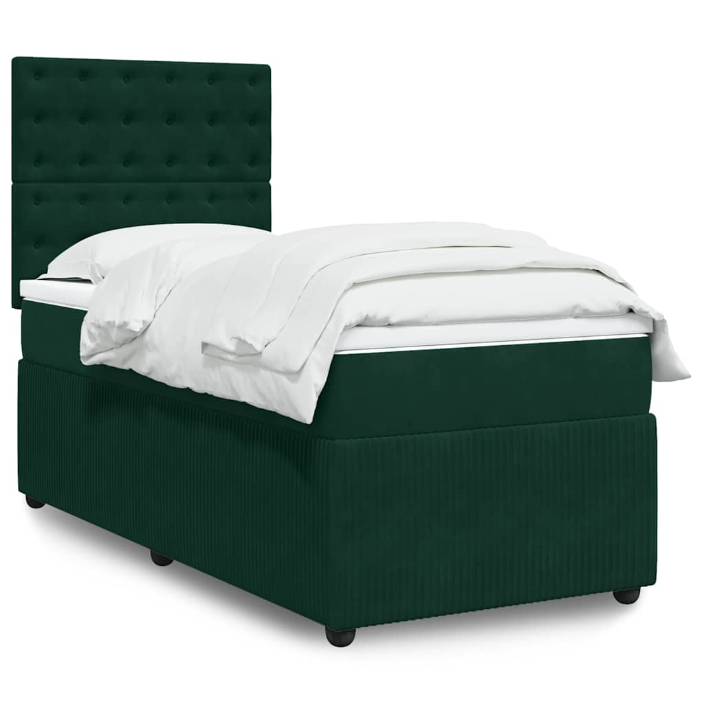 vidaXL Κρεβάτι Boxspring με Στρώμα Σκούρο Πράσινο 90x200 εκ. Βελούδινο