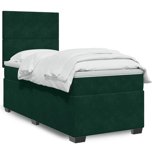 vidaXL Κρεβάτι Boxspring με Στρώμα Σκούρο Πράσινο 90x190 εκ. Βελούδινο