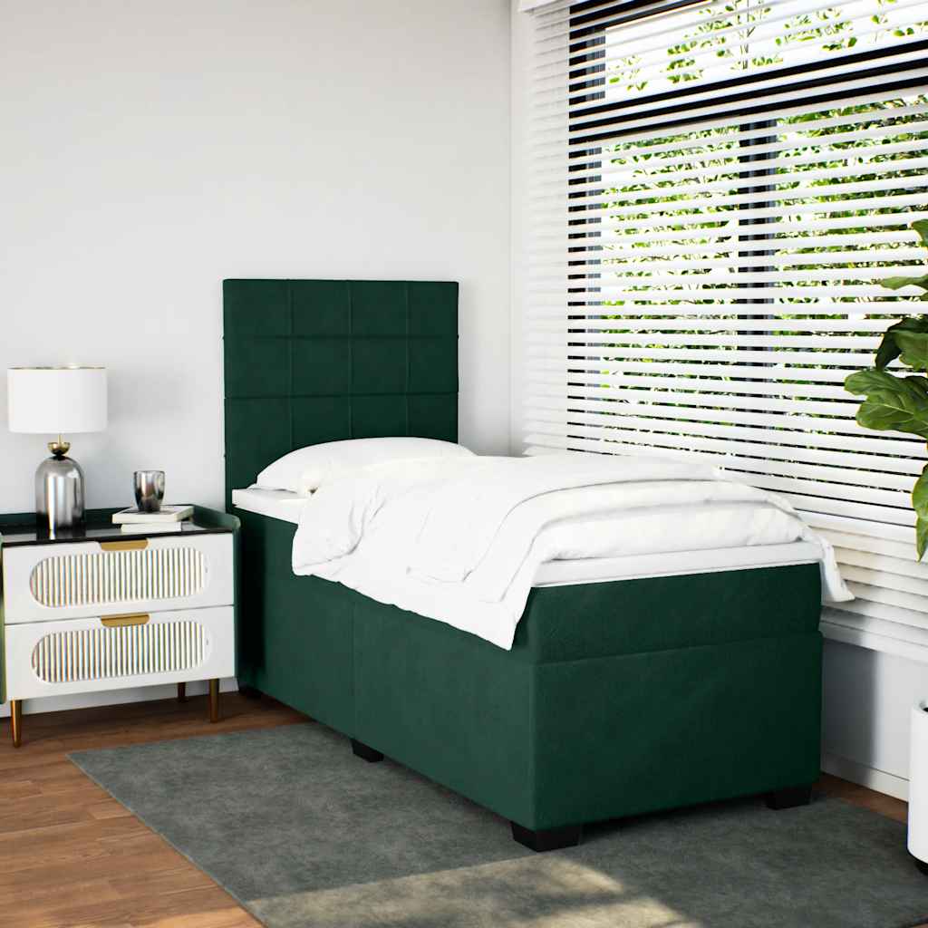 vidaXL Κρεβάτι Boxspring με Στρώμα Σκούρο Πράσινο 90x200 εκ. Βελούδινο