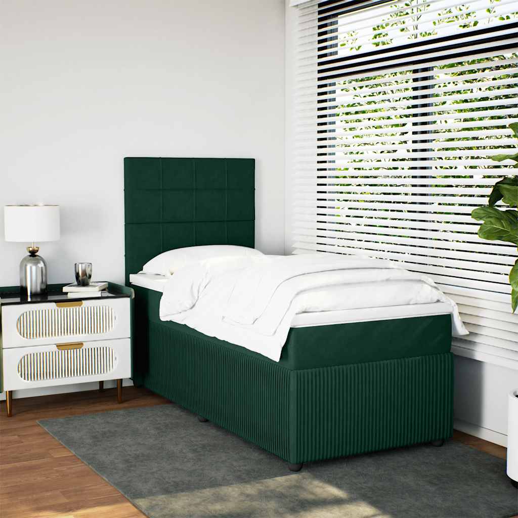 vidaXL Κρεβάτι Boxspring με Στρώμα Σκούρο Πράσινο 90x190 εκ. Βελούδινο