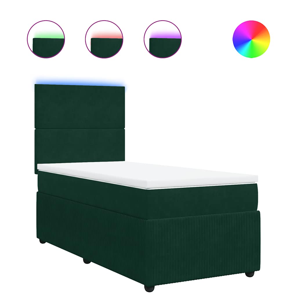 vidaXL Κρεβάτι Boxspring με Στρώμα Σκούρο Πράσινο 90x200 εκ. Βελούδινο