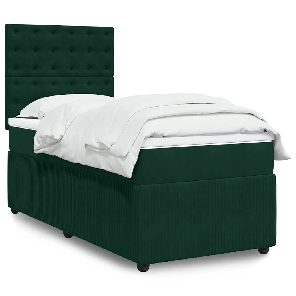 vidaXL Κρεβάτι Boxspring με Στρώμα Σκούρο Πράσινο 90x200 εκ. Βελούδινο