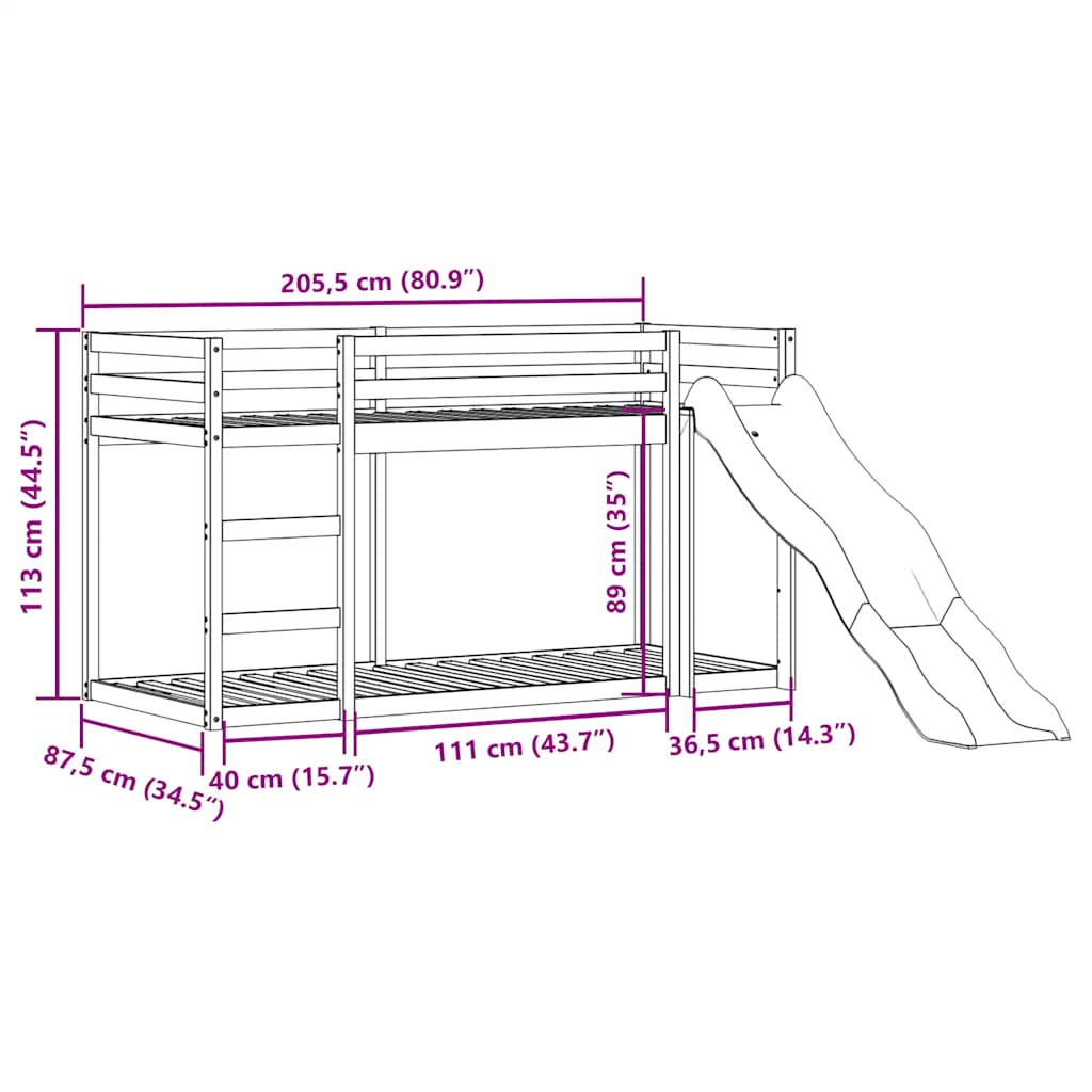 vidaXL Κουκέτα με Τσουλήθρα/Σκάλα 80x200 εκ. από Μασίφ Ξύλο Πεύκου