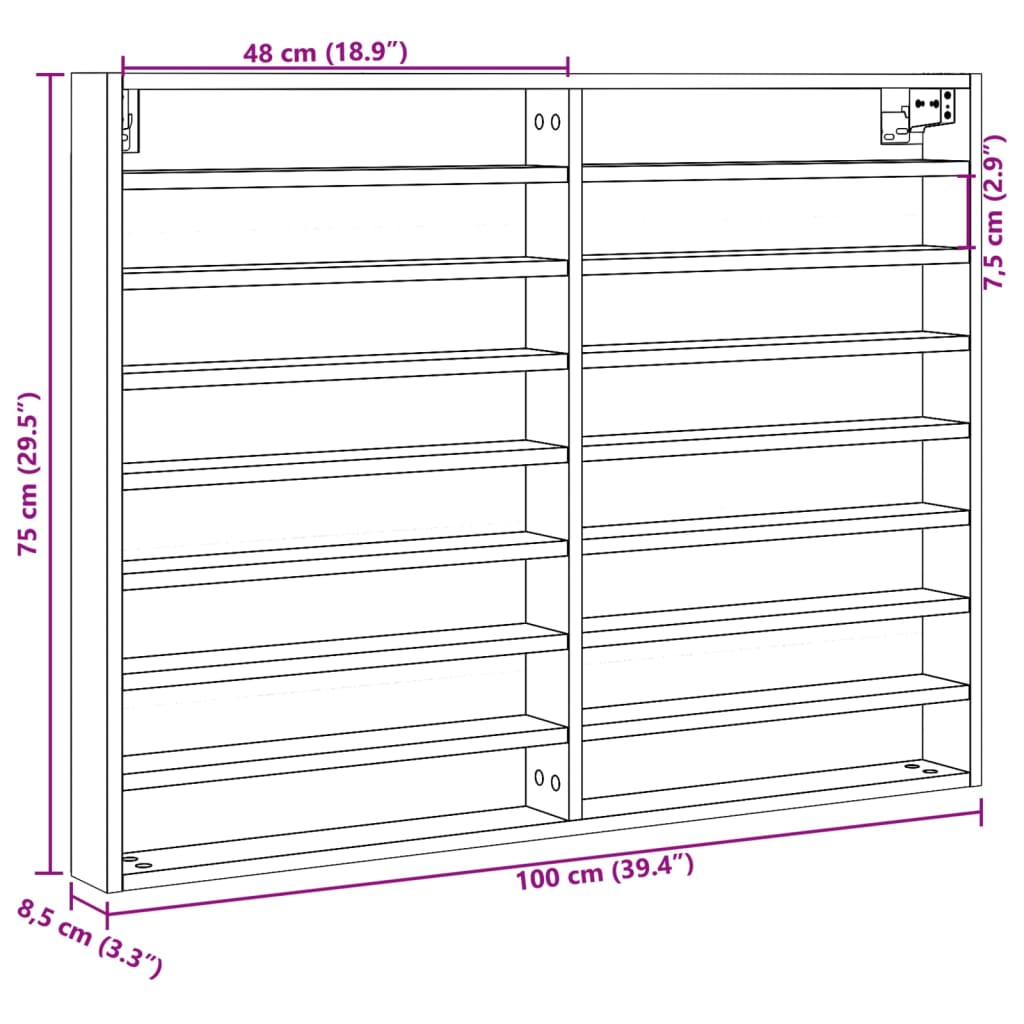 vidaXL Βιτρίνα Γκρι Sonoma 100x8,5x75 εκ. από Επεξεργασμένο Ξύλο