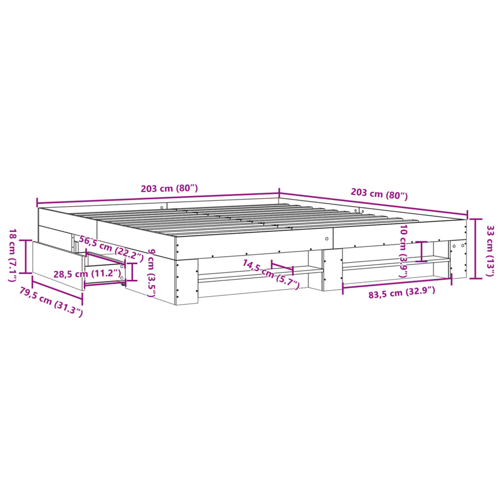 vidaXL Πλαίσιο Κρεβατιού Γκρι Σκυροδέματος 200x200 εκ. Επεξεργ. Ξύλο