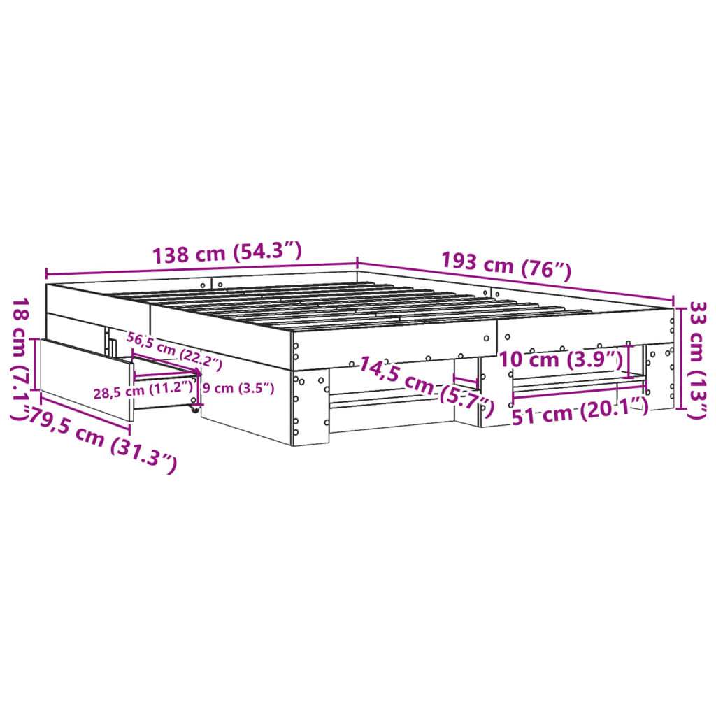 vidaXL Πλαίσιο Κρεβατιού Γκρι Sonoma 135x190 εκ. Επεξεργασμένο Ξύλο