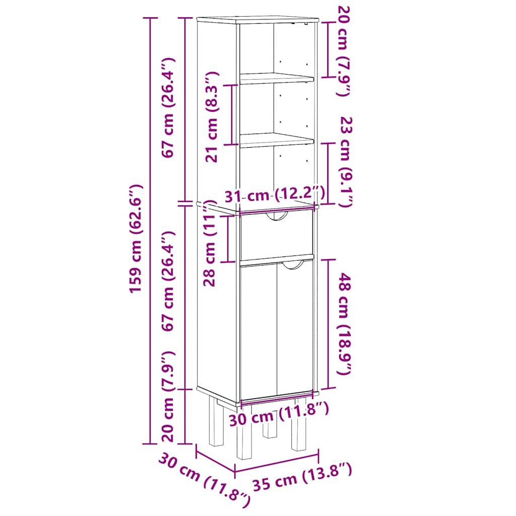 vidaXL Ντουλάπι Μπάνιου OTTA 35x30x159 εκ. Μασίφ Ξύλο Πεύκου