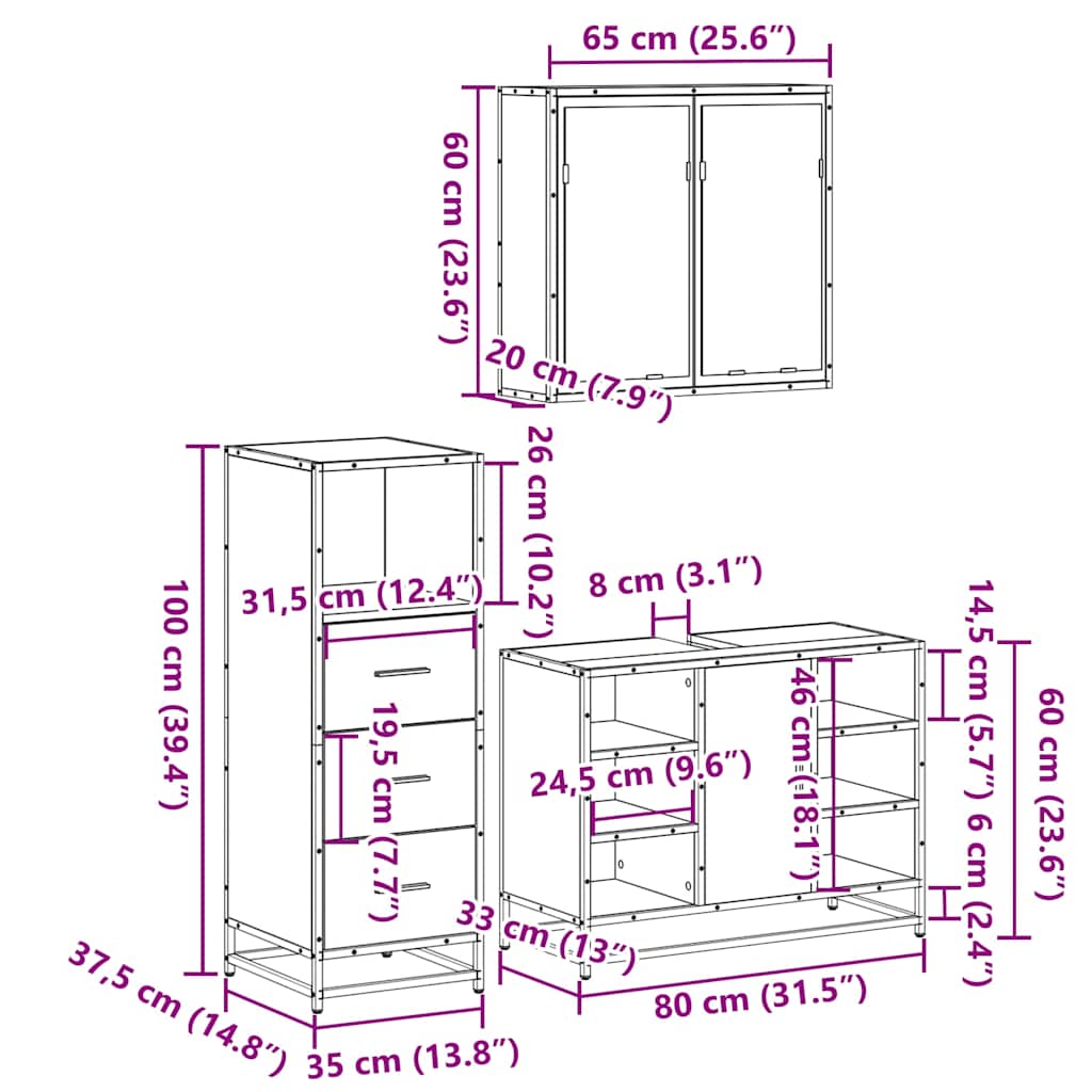 vidaXL Σετ Επίπλων Μπάνιου 3 Τεμαχίων Sonoma Δρυς Επεξεργασμένο Ξύλο