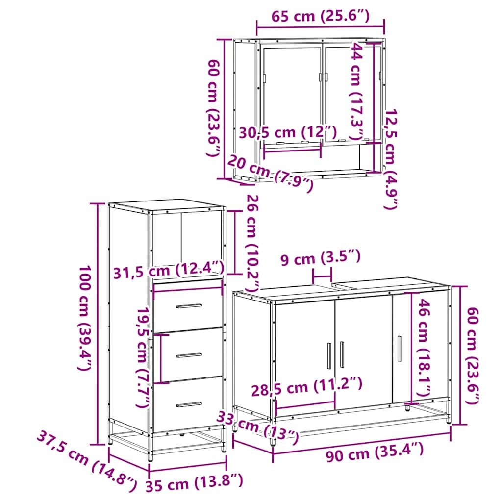 vidaXL Σετ Επίπλων Μπάνιου 3 Τεμαχίων Καφέ Δρυς από Τεχν. Ξύλο