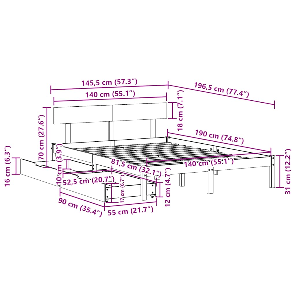 vidaXL Σκελετός Κρεβατιού Χωρίς Στρώμα 140x190 εκ Μασίφ Ξύλο Πεύκου
