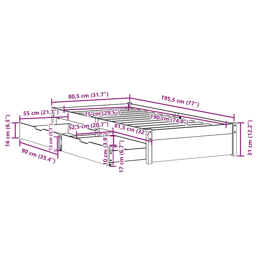 vidaXL Σκελετός Κρεβατιού Χωρίς Στρώμα 75x190 εκ Μασίφ Ξύλο Πεύκου