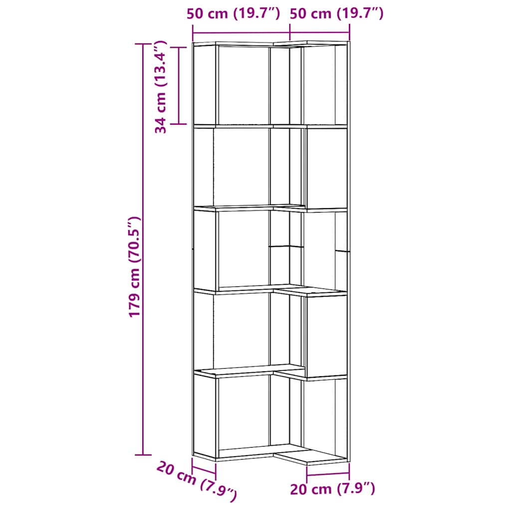 vidaXL Βιβλιοθήκη Γωνιακή 5 Επ. Αρτισιανή Δρυς 50x50x179 εκ Επεξ. Ξύλο