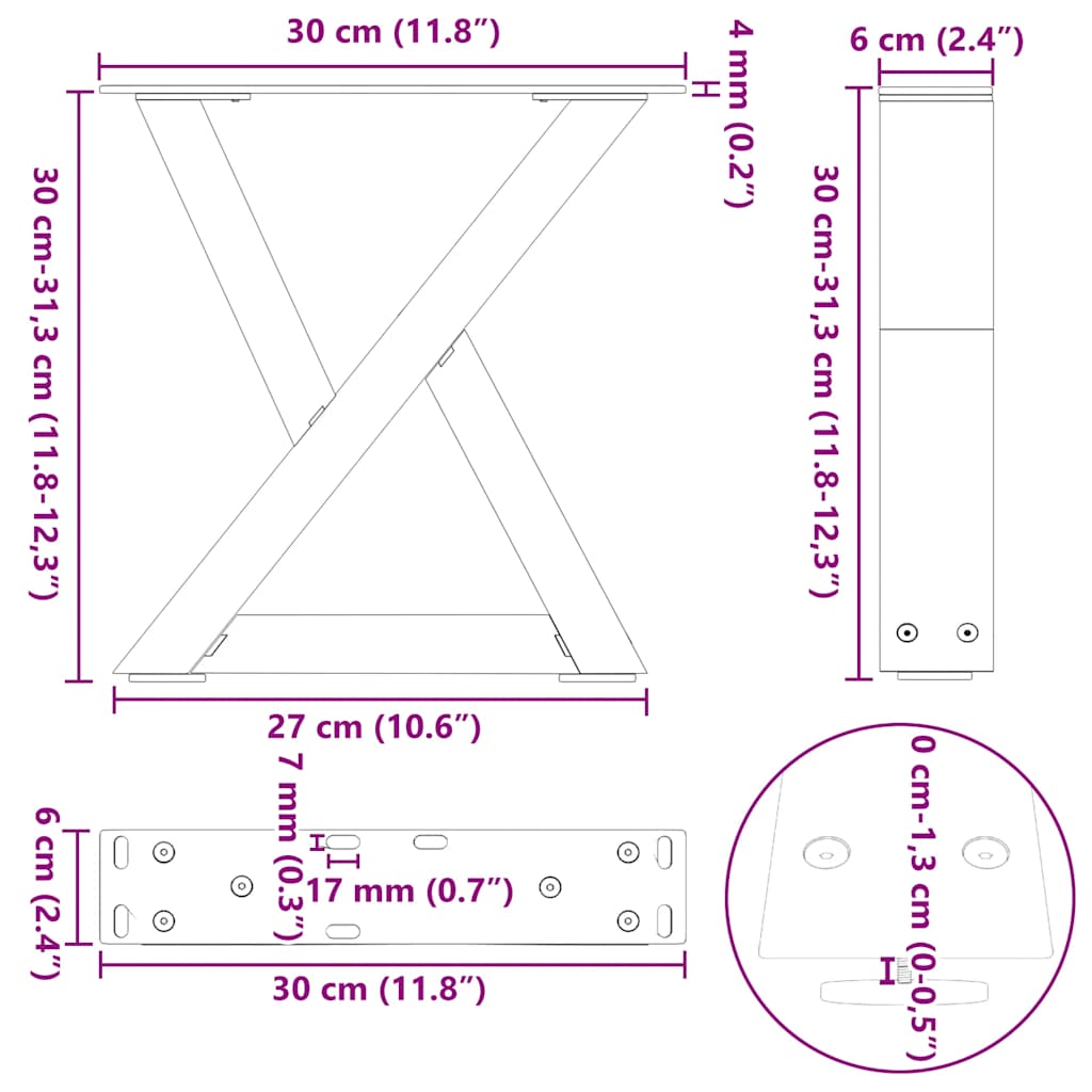 vidaXL Πόδια Τραπεζιού Σαλονιού 2 τεμ. Μαύρο 30x(30-31,3) εκ. Ατσάλι