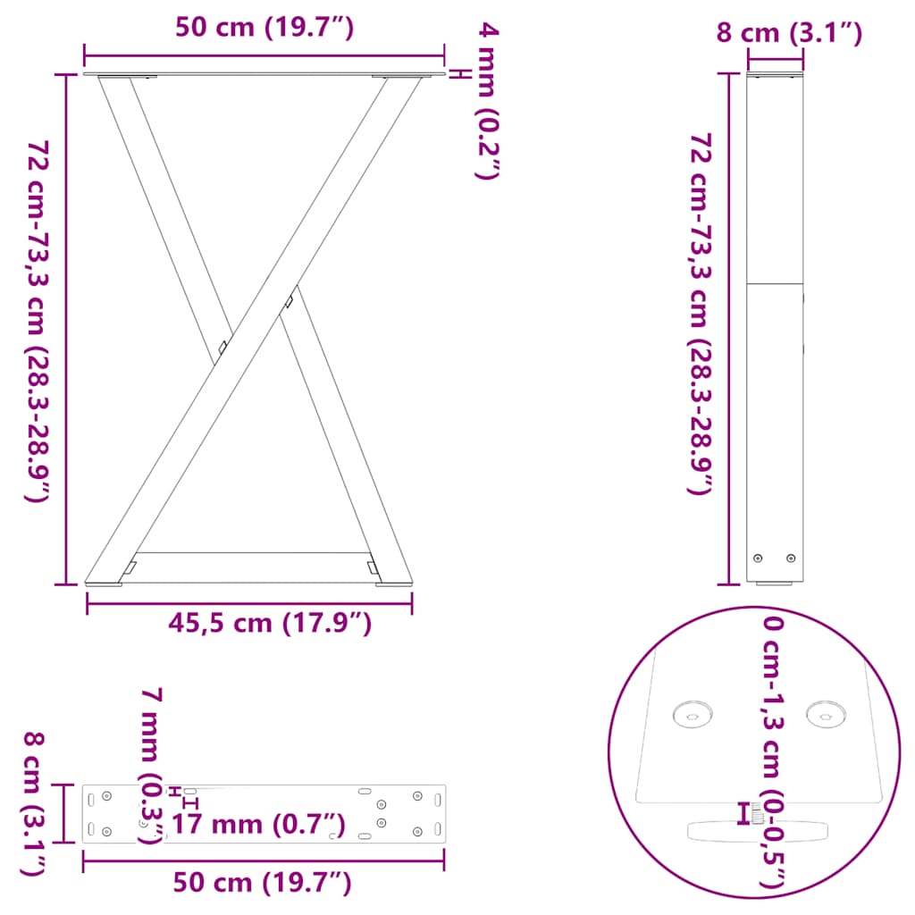 vidaXL Πόδια Τραπεζαρίας 2 τεμ. Μαύρο 50x(72-73,3) εκ. Ατσάλι