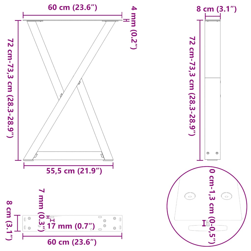 vidaXL Πόδια Τραπεζαρίας 2 τεμ. Ανθρακί 60x(72-73,3) εκ. Ατσάλι