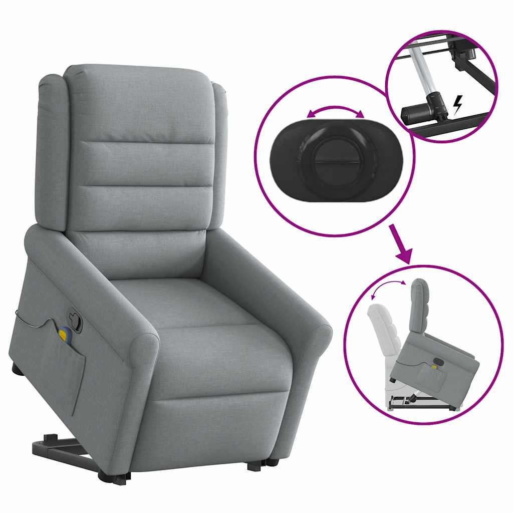 vidaXL Πολυθρόνα Μασάζ Ανακλινόμενη με Ανύψωση Ανοιχτό Γκρι Υφασμάτινη