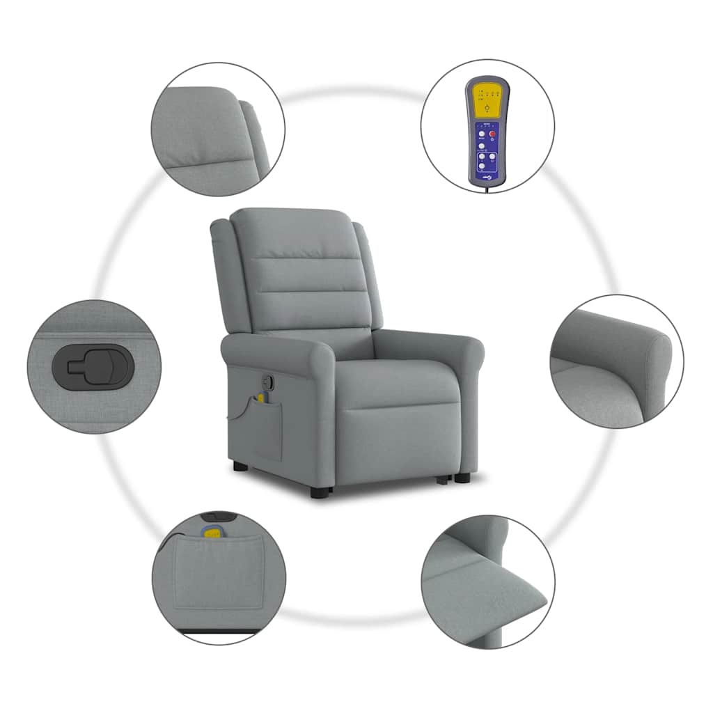 vidaXL Πολυθρόνα Μασάζ Ανακλινόμενη με Ανύψωση Ανοιχτό Γκρι Υφασμάτινη