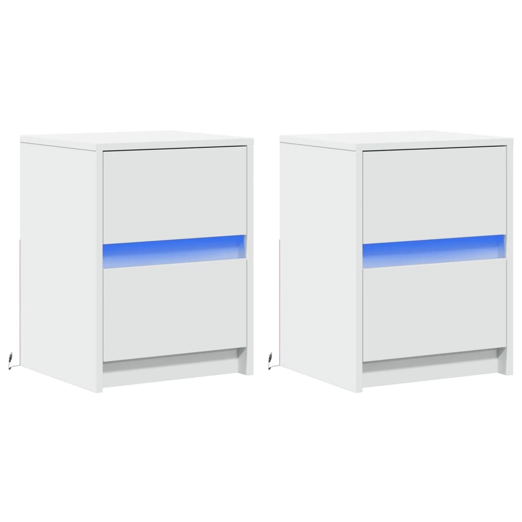 vidaXL Κομοδίνα με Φώτα LED 2 τεμ. Λευκά από Επεξεργασμένο Ξύλο