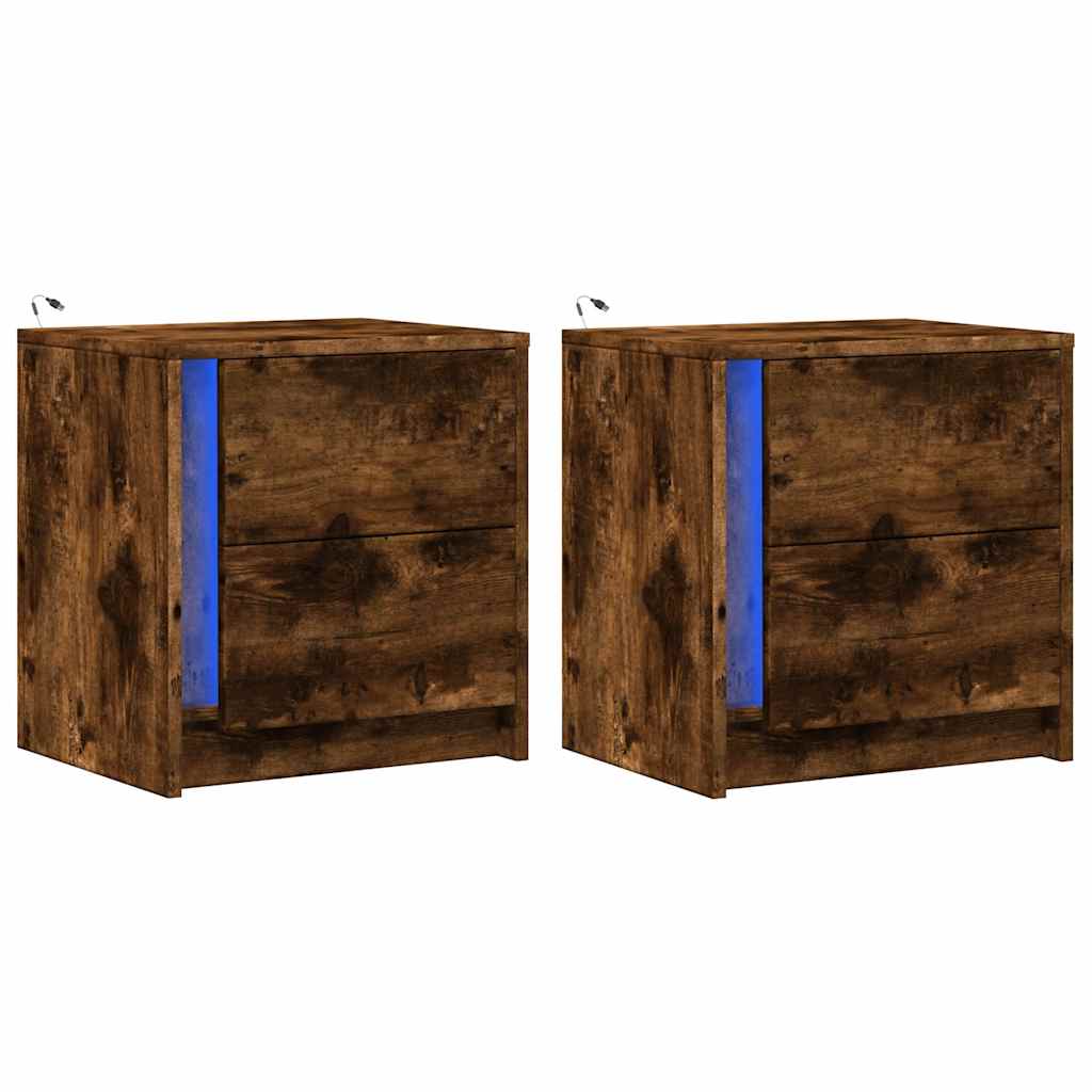 vidaXL Κομοδίνα με Φώτα LED 2 τεμ. Καπνιστή Δρυς από Επεξεργ. Ξύλο