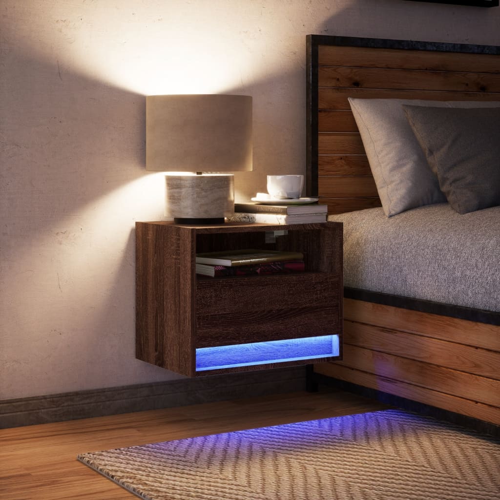 vidaXL Κομοδίνο Επιτοίχιο με Φώτα LED Καφέ Δρυς
