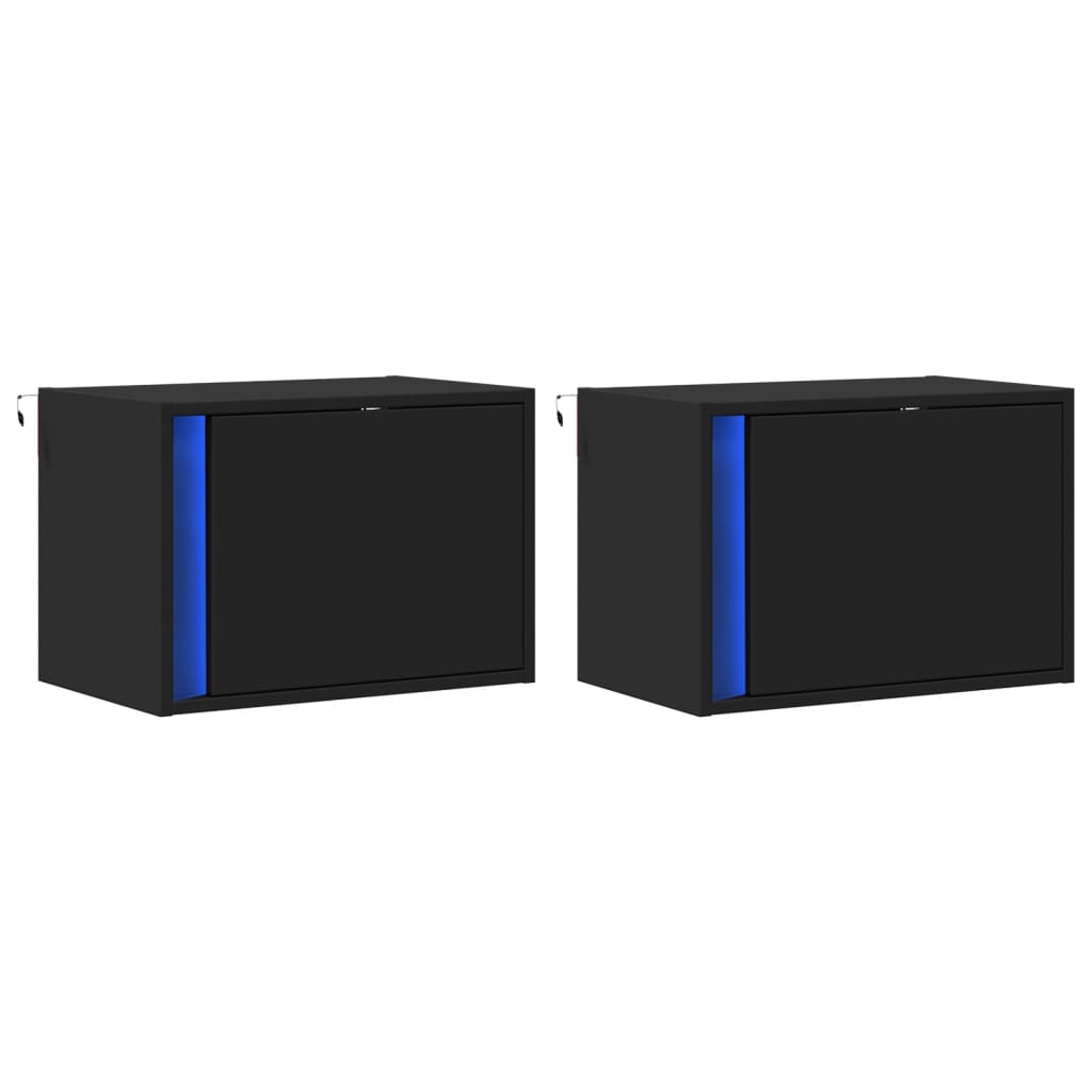 vidaXL Κομοδίνα Επιτοίχια με Φώτα LED 2 τεμ. Μαύρα