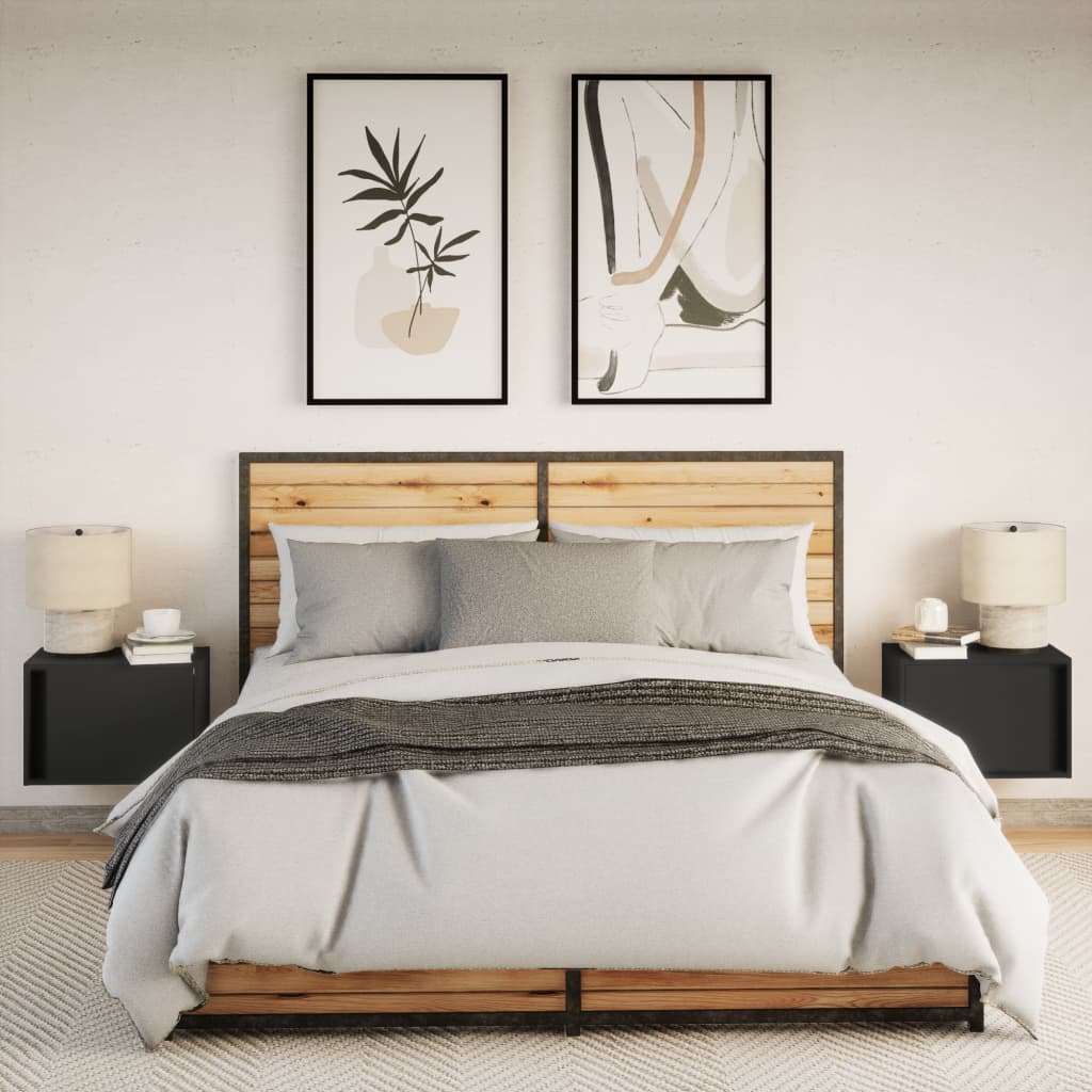 vidaXL Κομοδίνα Επιτοίχια με Φώτα LED 2 τεμ. Μαύρα