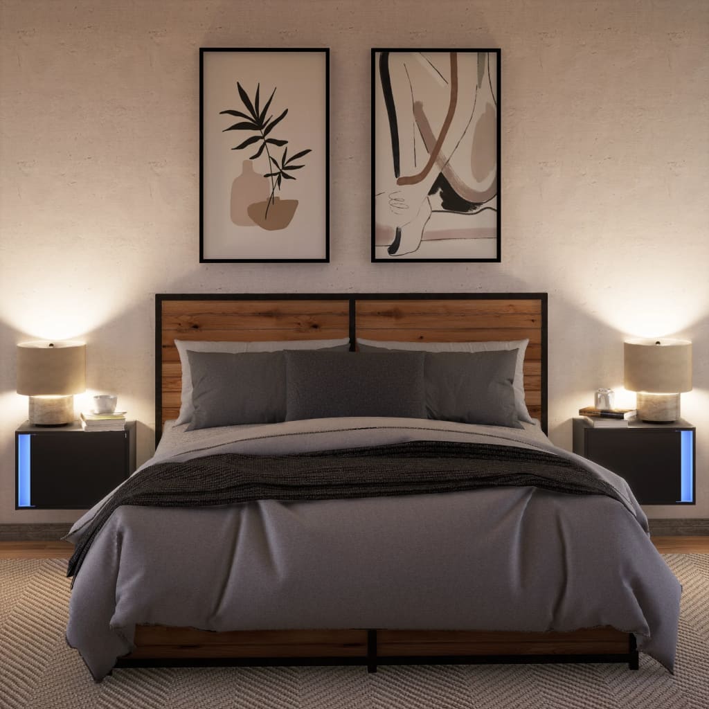 vidaXL Κομοδίνα Επιτοίχια με Φώτα LED 2 τεμ. Μαύρα