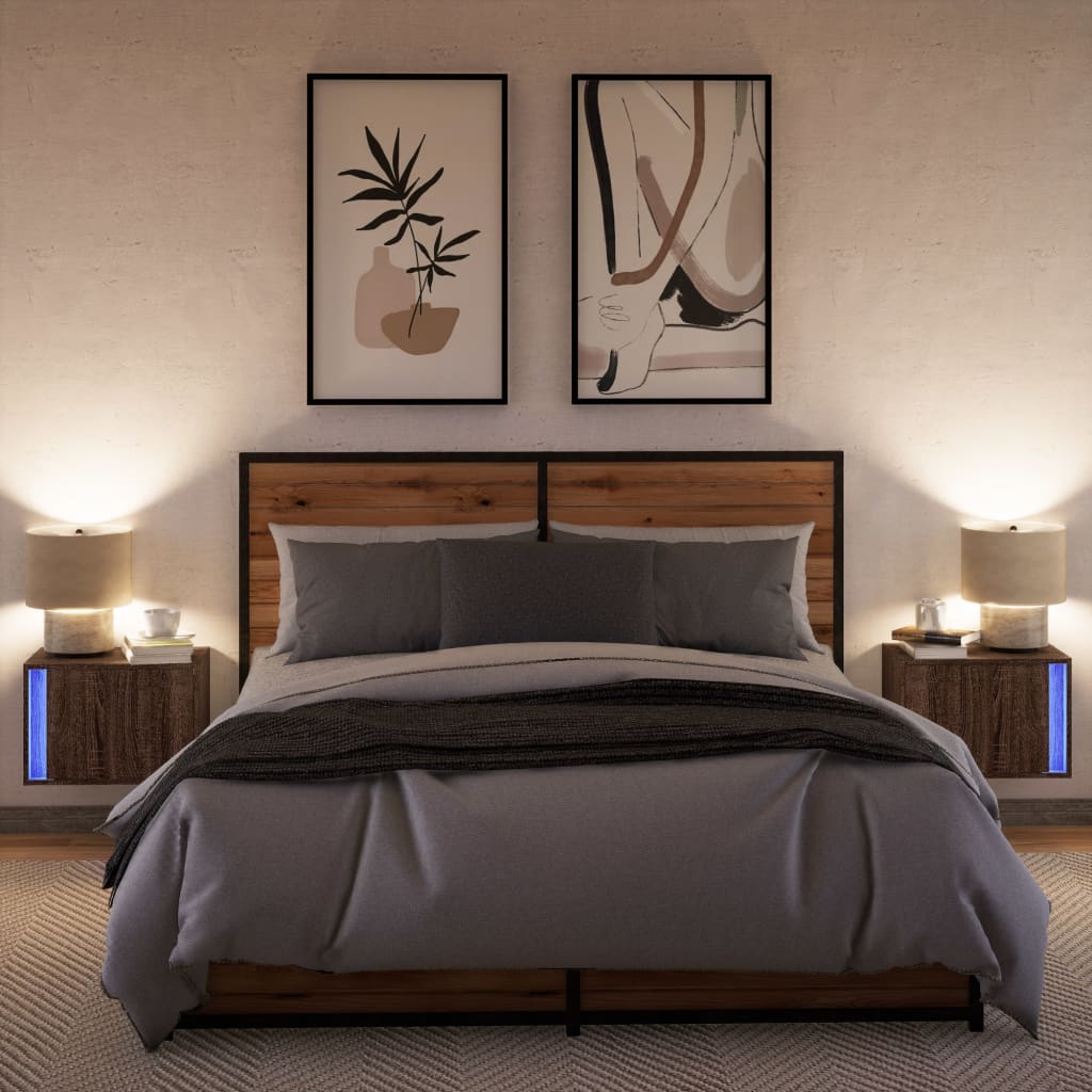 vidaXL Κομοδίνα Επιτοίχια με Φώτα LED 2 τεμ. Καφέ Δρυς