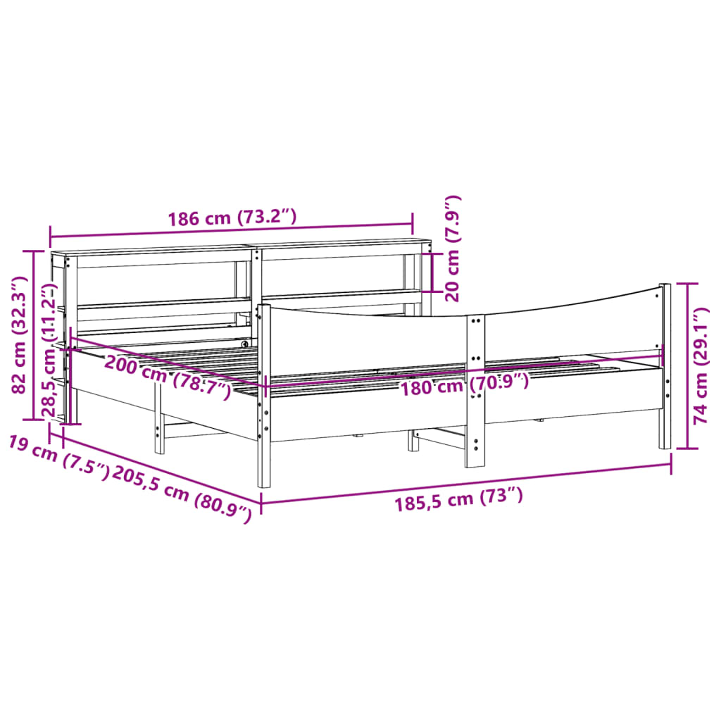vidaXL Πλαίσιο Κρεβατιού με Κεφαλάρι 180x200 εκ Μασίφ Ξύλο Πεύκου