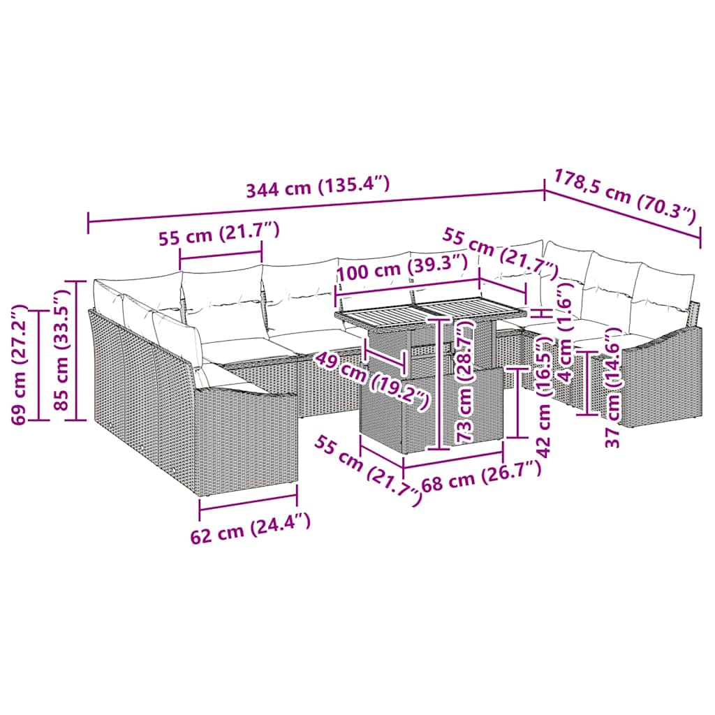 vidaXL Σετ Γεύματος 11 Τεμαχίων Κήπου με Μαξιλάρια Γκρι Πολυ Ρατάν Ακακία