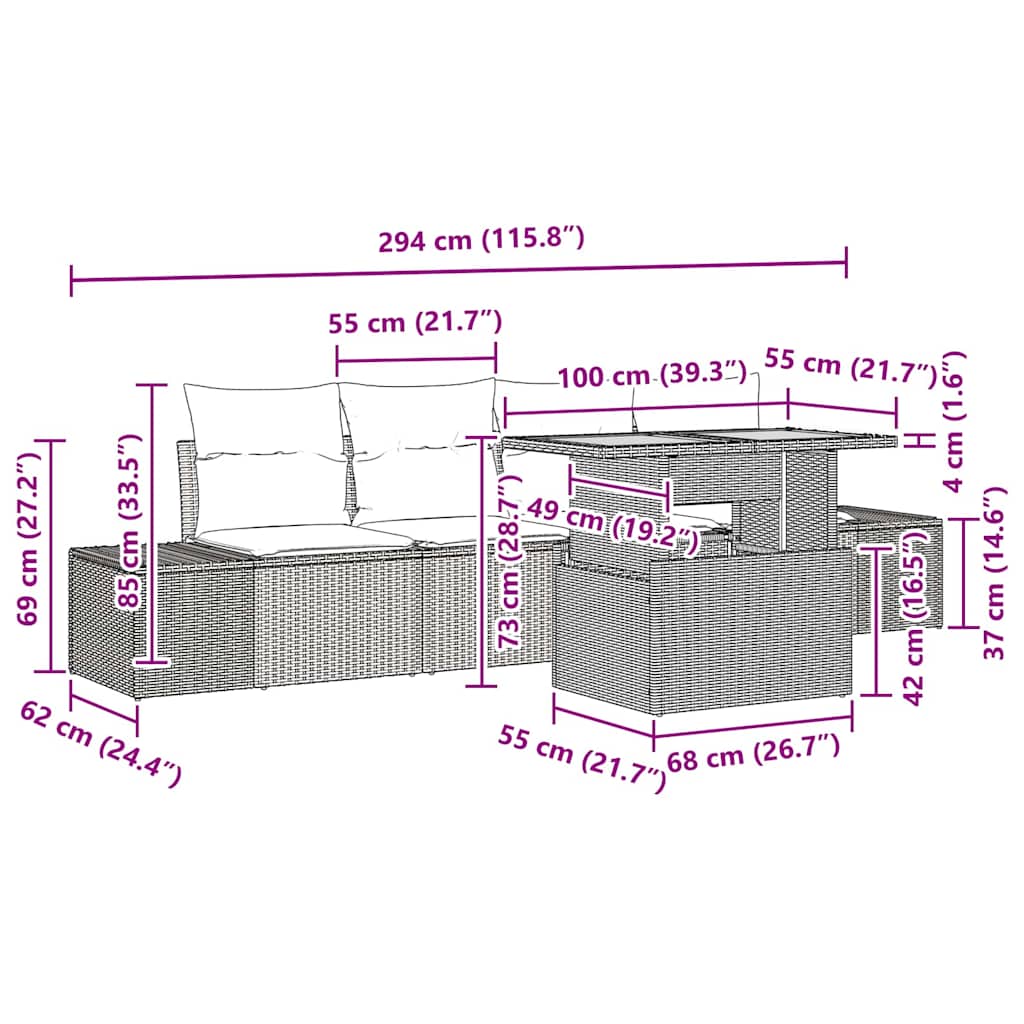 vidaXL Σετ Εξωτερικής Διατροφής 5 Τεμαχίων με Μαξιλάρια Μαύρο Πολυρατάν Ακακίας