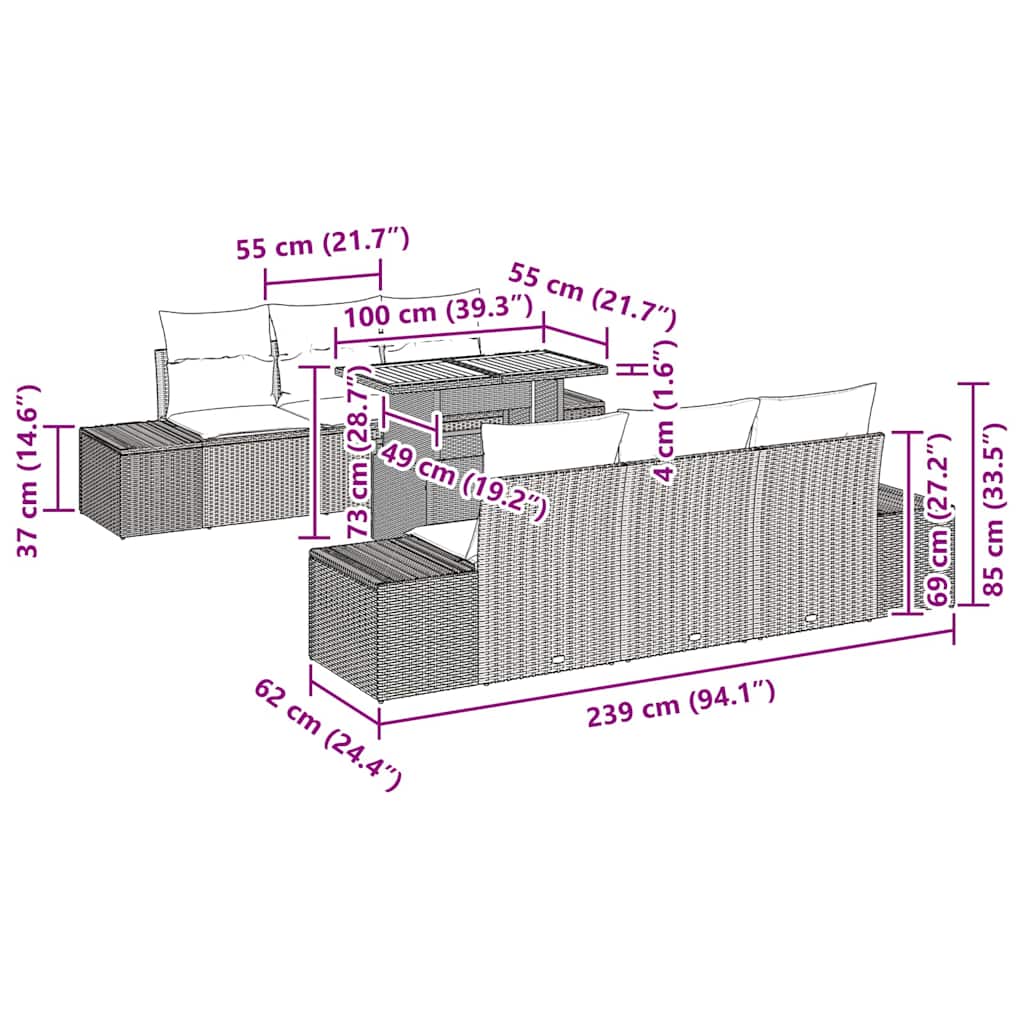 vidaXL 8 τεμαχίων κήπου σετ φαγητού με μαξιλάρια Μαύρο Πολυ Ράτταν Ακακία