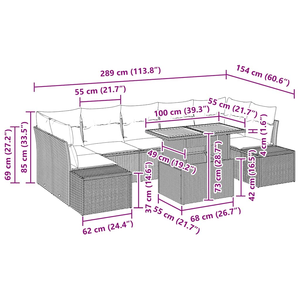 vidaXL 8τεμαχιο σετ φαγητού κήπου με μαξιλάρια μαύρο πολυ-ρατάν ακακία
